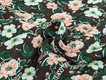 French Terry Everything is possible Blumen auf Dunkelbraun